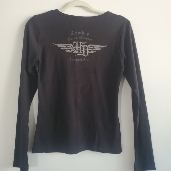 Harley Davidson Women's Baby Tee Small Black Long Sleeve Biker Grunge Alt - Picture 5 of 8